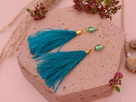Long Turquoise Ostrich Feather Tassel Earrings | Festival Earrings | Feather Jewellery | Festival Jewellery | Long Earrings