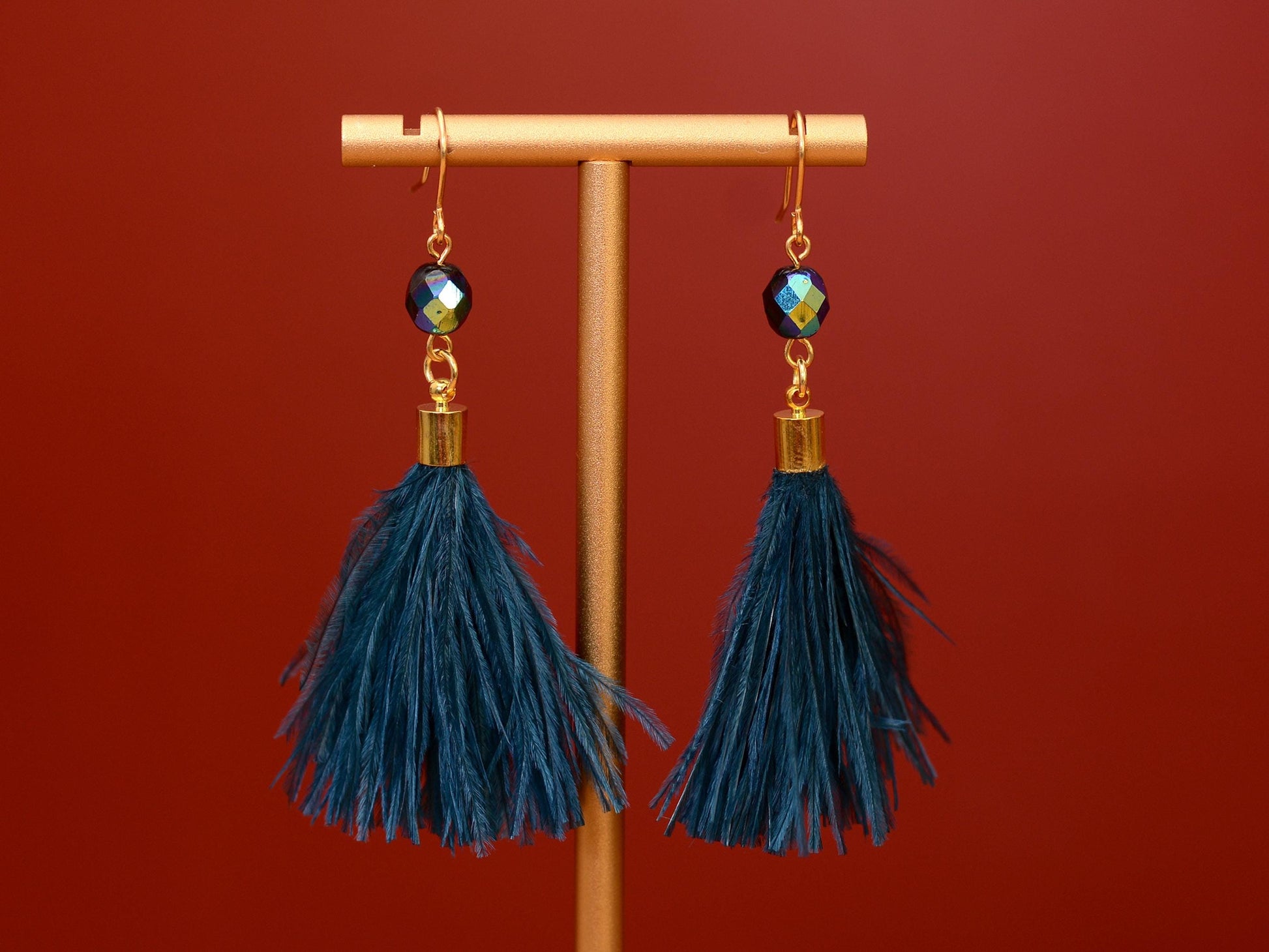 Navy Blue Ostrich Feather Tassel Earrings | Feather Jewellery | Long Earrings