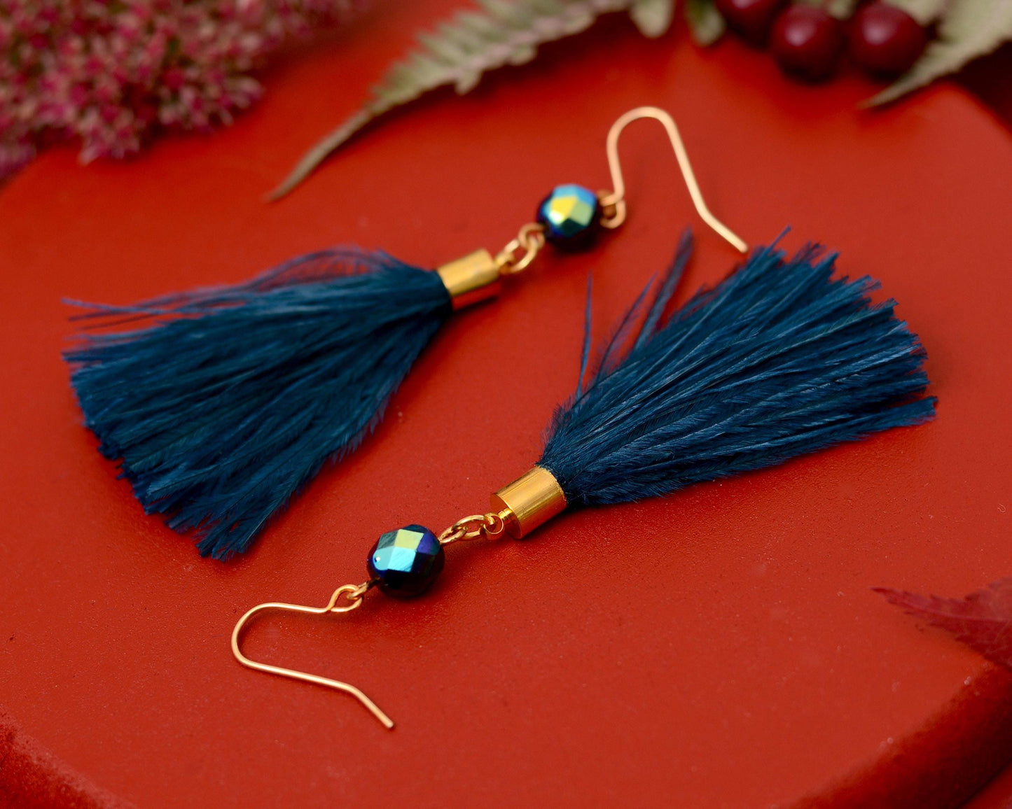 Navy Blue Ostrich Feather Tassel Earrings | Feather Jewellery | Long Earrings
