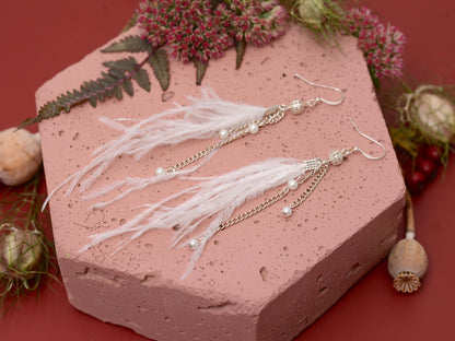 Bridal White Ostrich Feather Tassel Earrings with Pearls and Silver Beads
