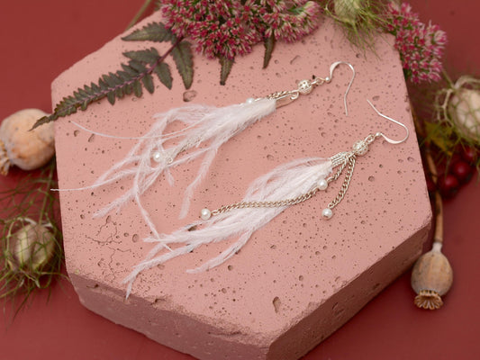 Bridal White Ostrich Feather Tassel Earrings with Pearls and Silver Beads