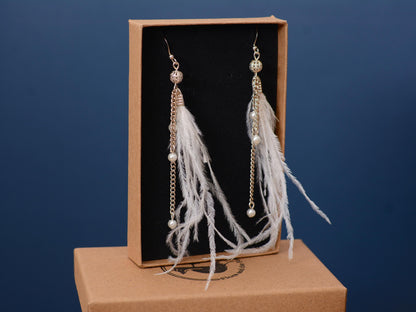 Bridal White Ostrich Feather Tassel Earrings with Pearls and Silver Beads