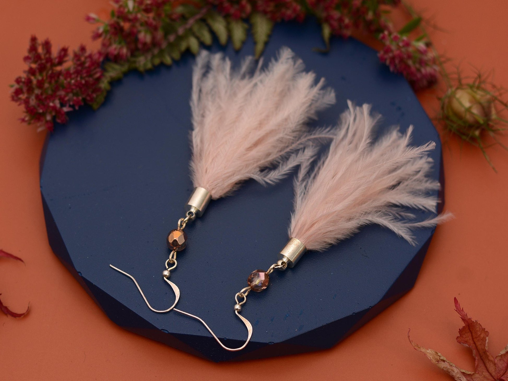 Powder Puff Blush Pink Ostrich FeatherTassel Earrings