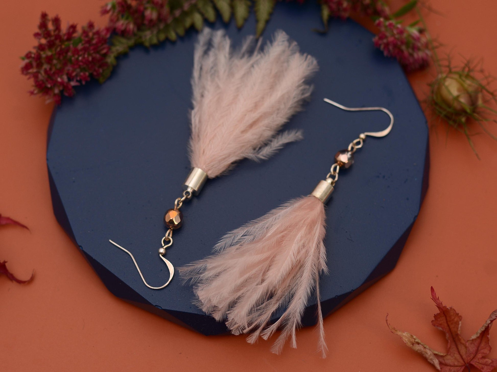 Powder Puff Blush Pink Ostrich FeatherTassel Earrings