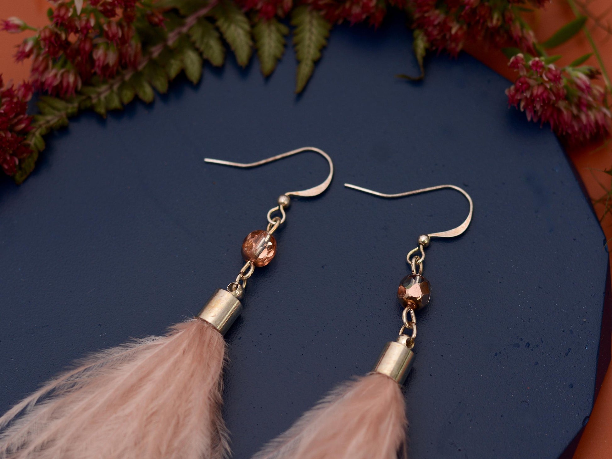Powder Puff Blush Pink Ostrich FeatherTassel Earrings