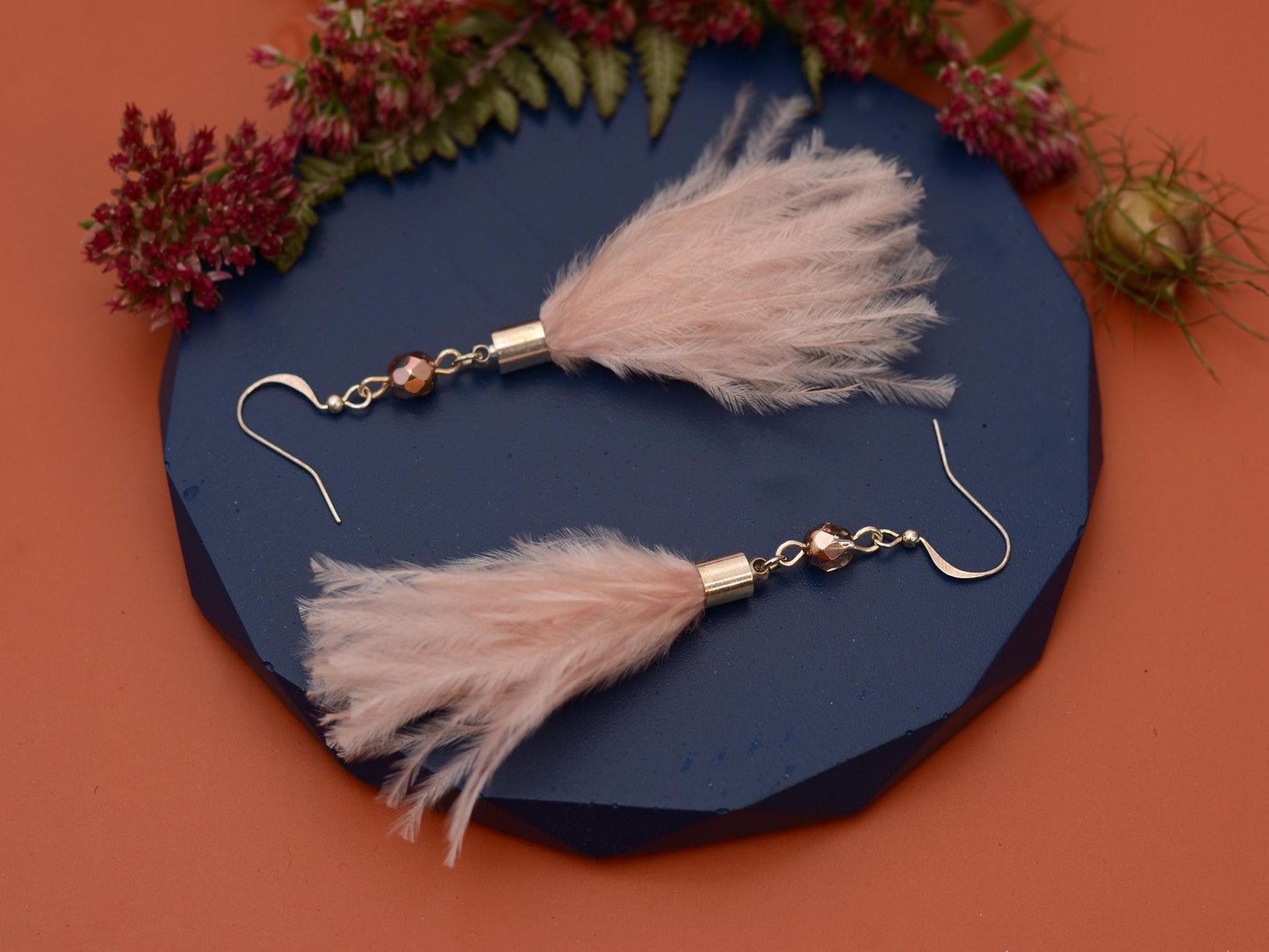 Powder Puff Blush Pink Ostrich FeatherTassel Earrings