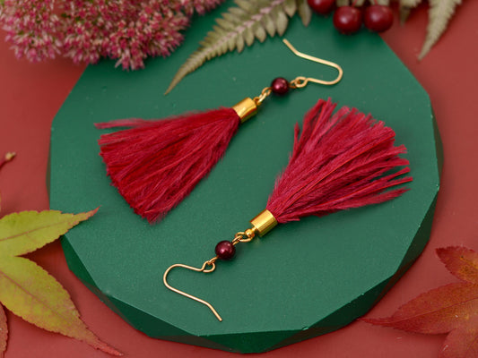 Crimson Red Ostrich Feather Tassel Earrings | Feather Jewellery | Long Earrings