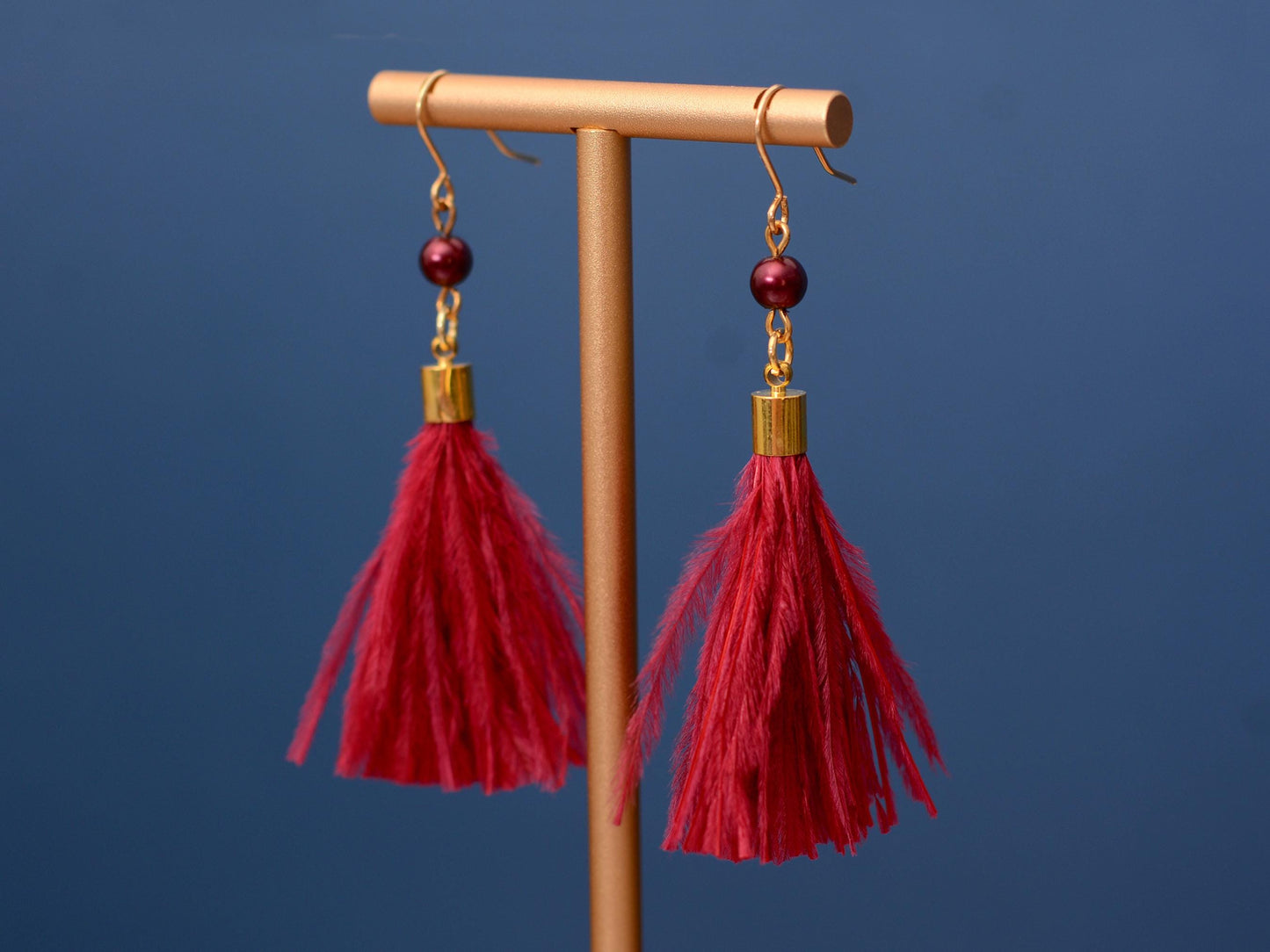 Crimson Red Ostrich Feather Tassel Earrings | Feather Jewellery | Long Earrings