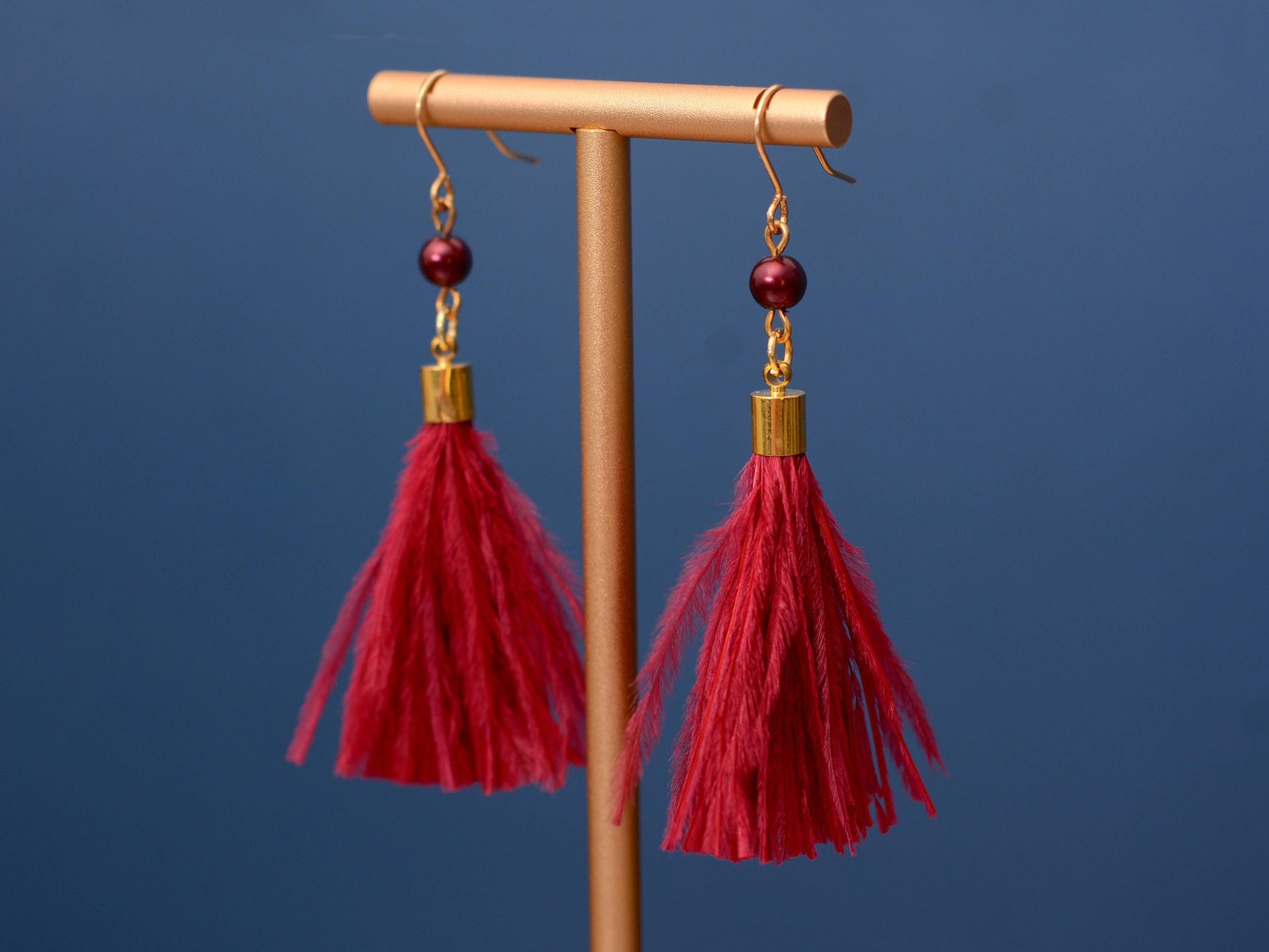 Crimson Red Ostrich Feather Tassel Earrings | Feather Jewellery | Long Earrings
