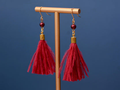 Crimson Red Ostrich Feather Tassel Earrings | Feather Jewellery | Long Earrings