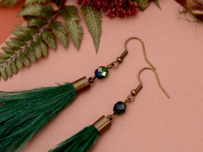 Emerald Green Ostrich Feather Tassel Long Earrings