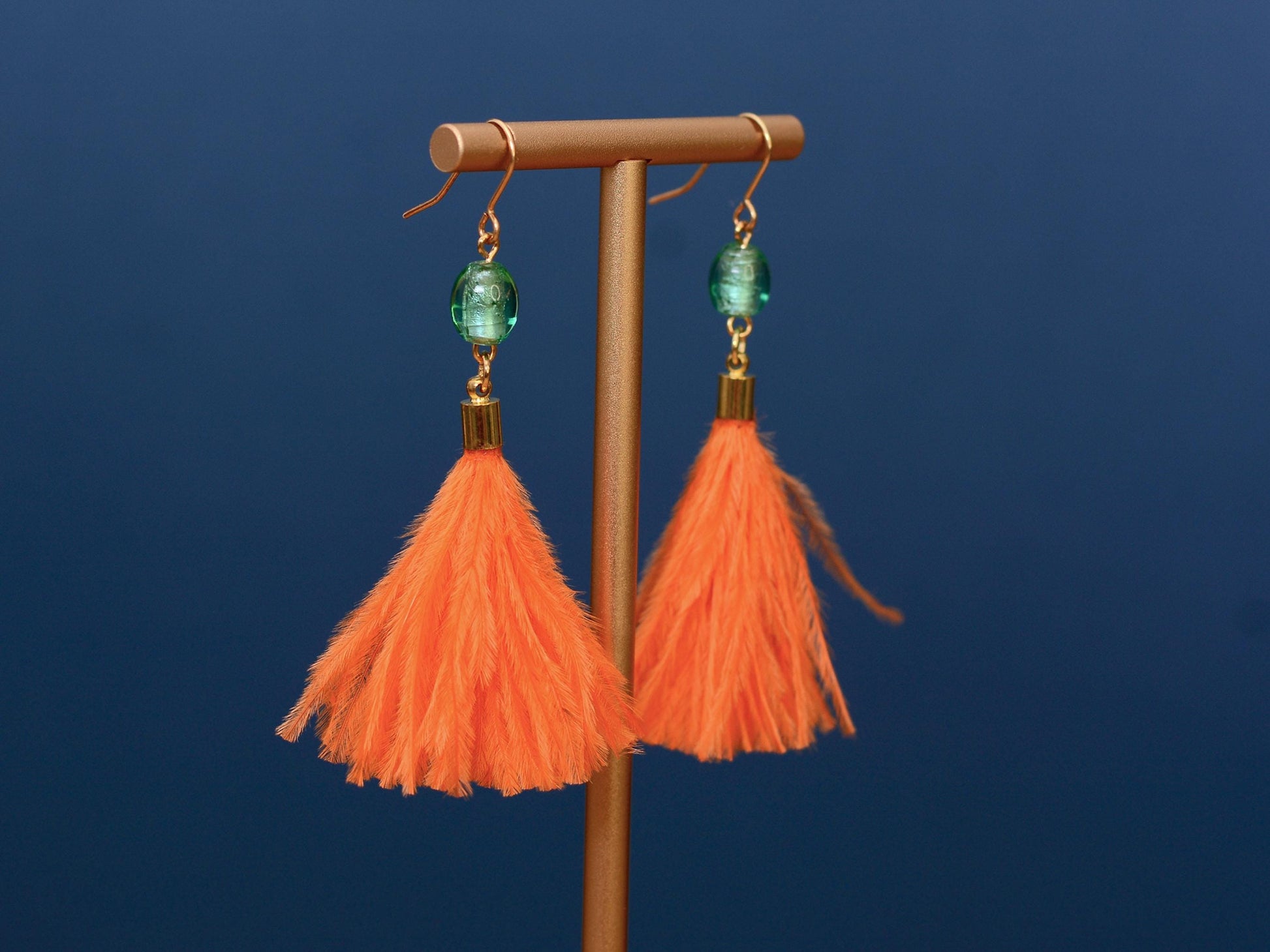 Orange and Turquoise Ostrich Feather Tassel Earrings | Festival Earrings | Feather Jewellery | Festival Jewellery | Long Earrings