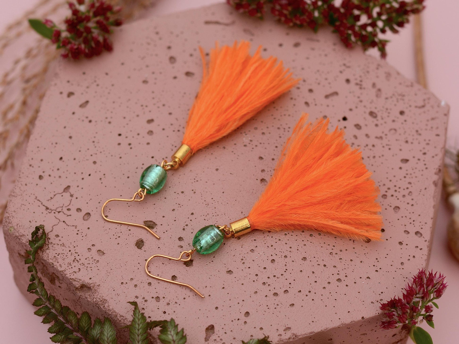 Orange and Turquoise Ostrich Feather Tassel Earrings | Festival Earrings | Feather Jewellery | Festival Jewellery | Long Earrings