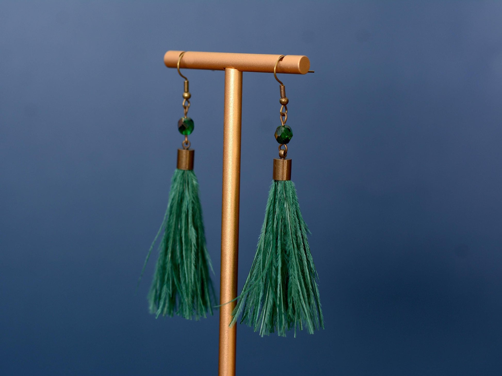 Emerald Green Ostrich Feather Tassel Long Earrings