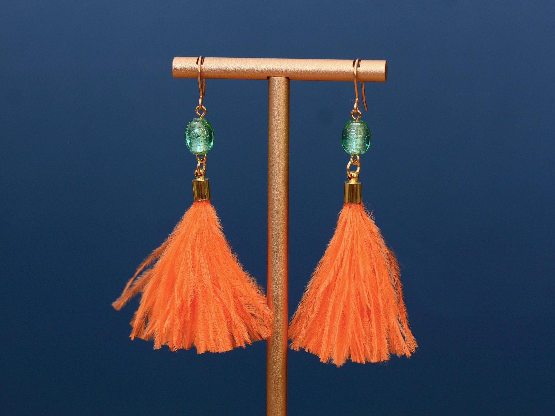 Orange and Turquoise Ostrich Feather Tassel Earrings | Festival Earrings | Feather Jewellery | Festival Jewellery | Long Earrings