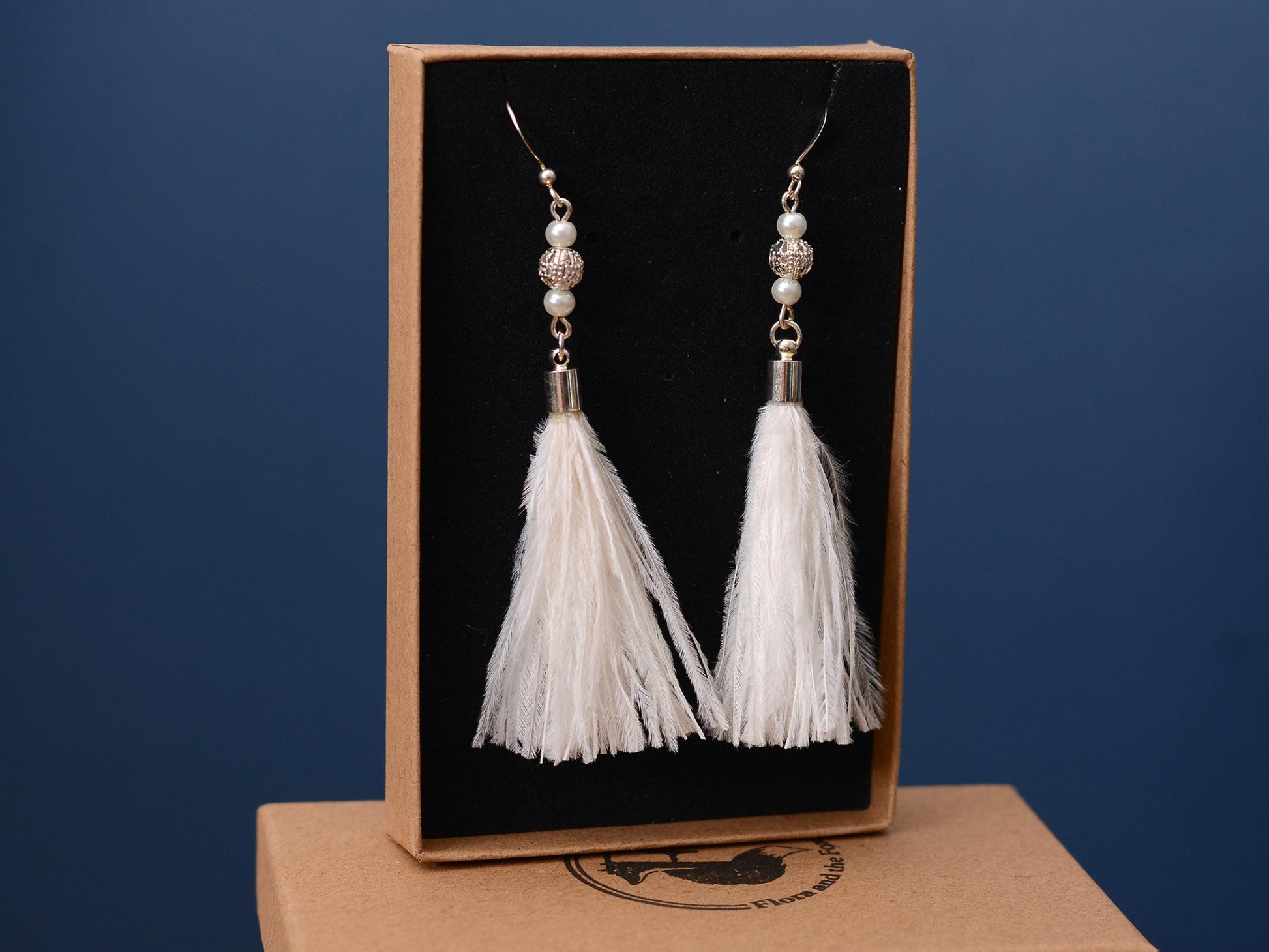 White Ostrich Feather Tassel Earrings with Pearls and Silver Beads