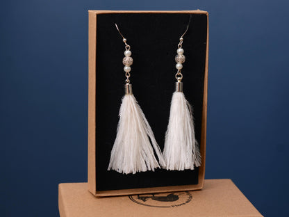White Ostrich Feather Tassel Earrings with Pearls and Silver Beads