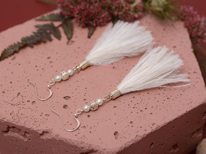 White Ostrich Feather Tassel Earrings with Pearls and Silver Beads