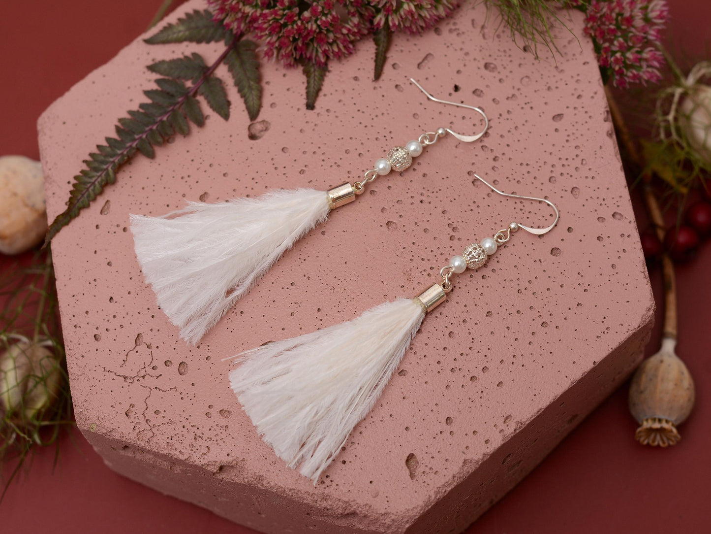 White Ostrich Feather Tassel Earrings with Pearls and Silver Beads