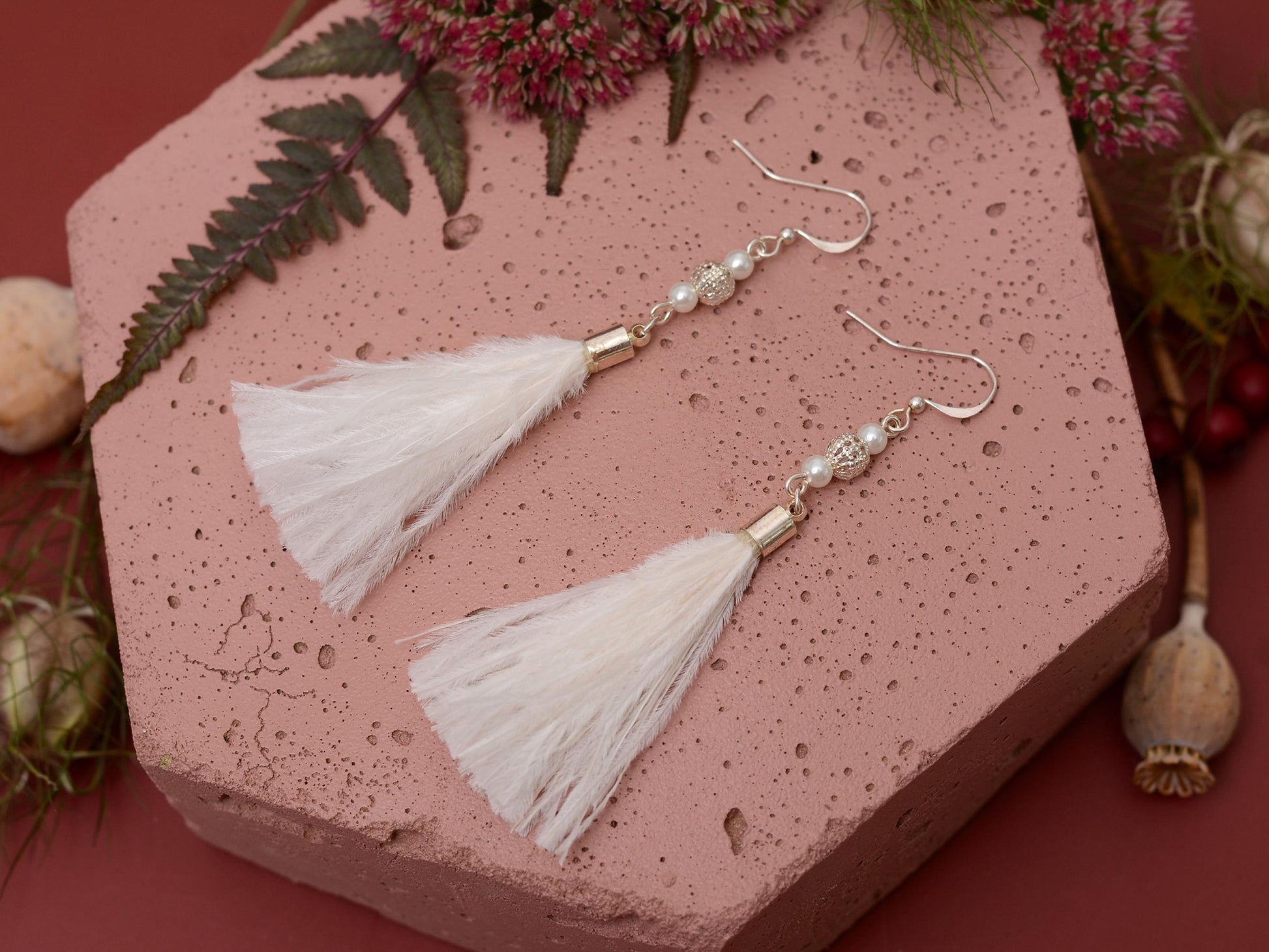 White Ostrich Feather Tassel Earrings with Pearls and Silver Beads