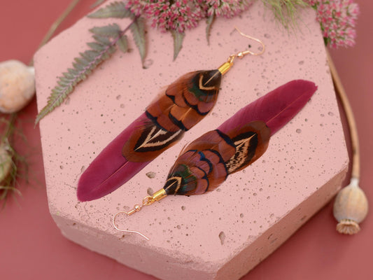 Plum and Copper Pheasant Feather Earrings | Festival Earrings | Feather Jewellery | Festival Jewellery | Drop Earrings