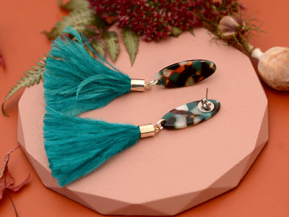 Statement Teal Blue Oval Acetate and Ostrich Feather Tassel Earrings