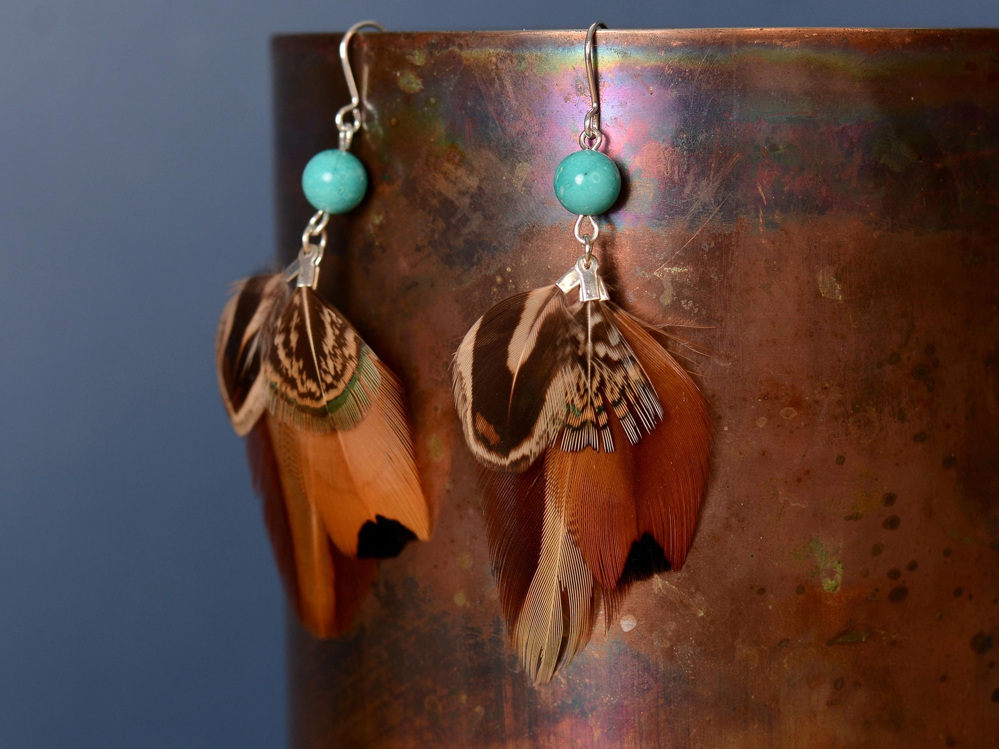 Pheasant Feather Earrings with Turquoise Bead | Feather Jewellery | Festival Jewellery