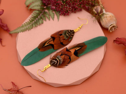 Green and Copper Feather Earrings | Pheasant Feather Earrings | Festival Earrings | Feather Jewellery | Festival Jewellery | Drop Earrings