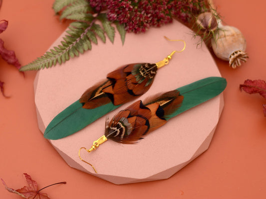 Green and Copper Feather Earrings | Pheasant Feather Earrings | Festival Earrings | Feather Jewellery | Festival Jewellery | Drop Earrings