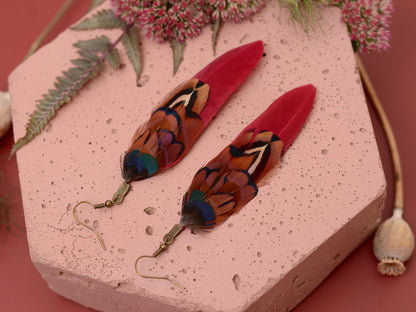 Burgundy and Copper Pheasant Feather Earrings | Festival Earrings | Feather Jewellery | Festival Jewellery | Drop Earrings