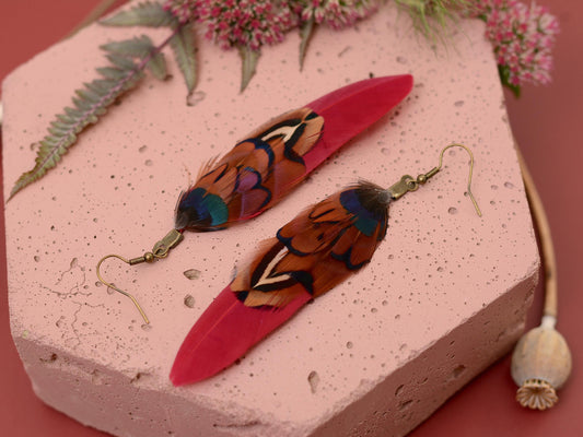 Burgundy and Copper Pheasant Feather Earrings | Festival Earrings | Feather Jewellery | Festival Jewellery | Drop Earrings