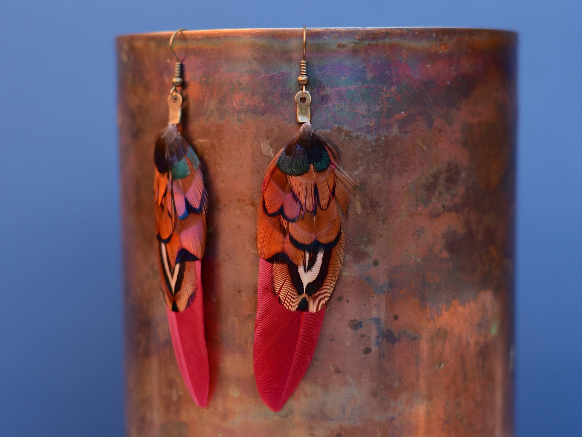 Burgundy and Copper Pheasant Feather Earrings | Festival Earrings | Feather Jewellery | Festival Jewellery | Drop Earrings