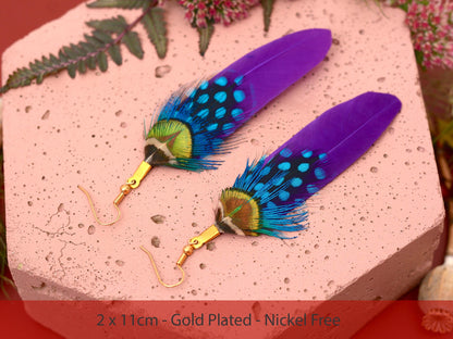 Purple Feather Earrings | Peacock Feather Earrings| Festival Earrings | Feather Jewellery | Festival Jewellery | Bohemian | Drop Earrings