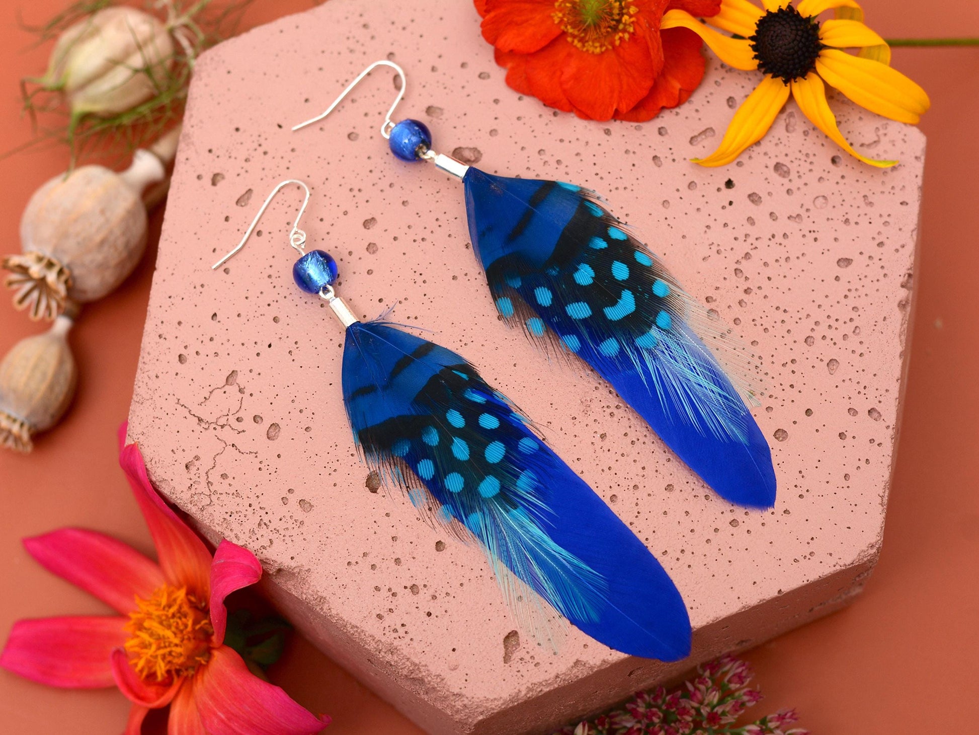 Bright Cobalt Blue Long Feather Earrings