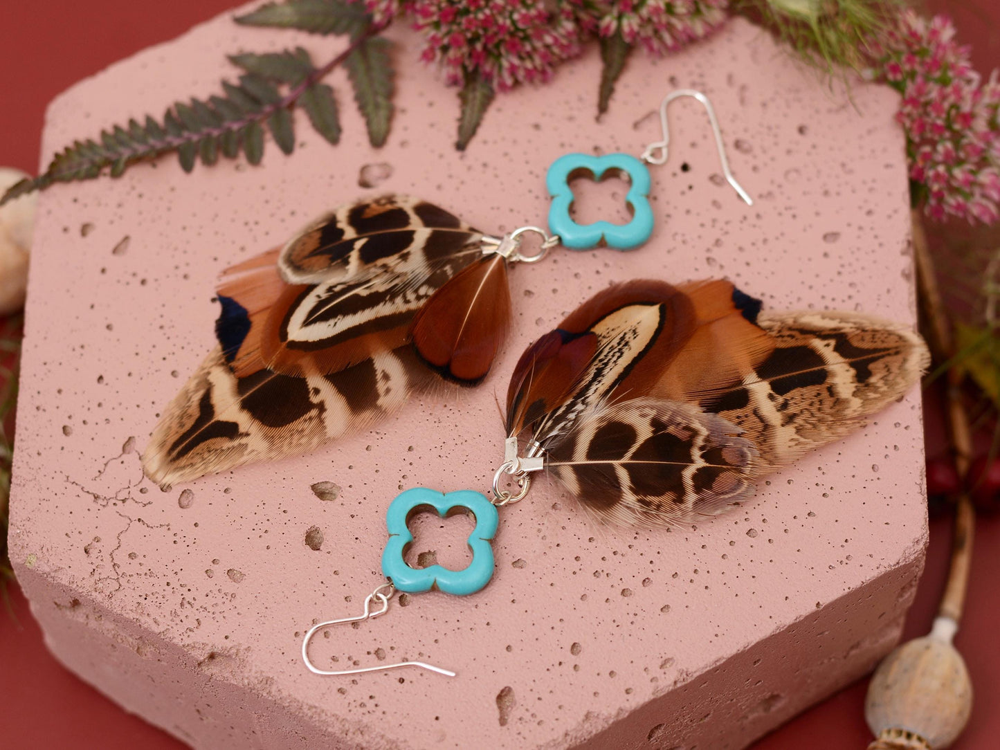 Tassel Pheasant Feather Earrings with Turquoise | Festival Earrings | Feather Jewellery | Festival Jewellery