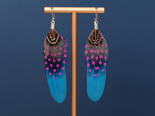 Turquoise Blue and Pink Feather Earrings | Festival Earrings | Feather Jewellery | Festival Jewellery | Drop Earrings