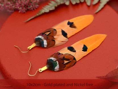 Mustard Yellow and Copper Pheasant Feather Earrings | Yellow Earrings | Festival Earrings | Feather Jewellery | Festival Jewellery