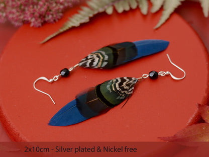 Feather Earrings in Navy Blue and Green with Aurora Crystal Bead | Feather Jewellery | Drop Earrings