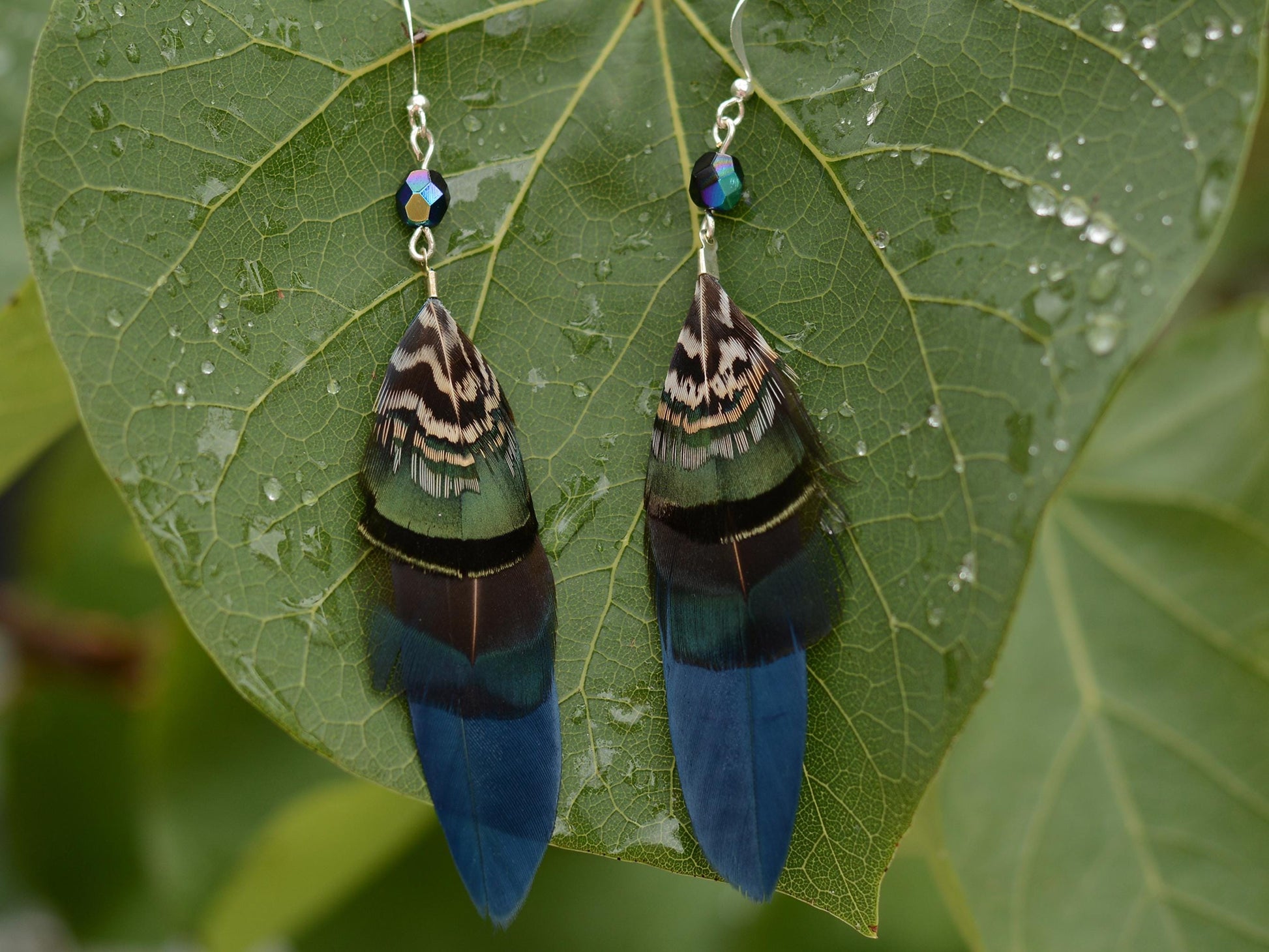 Feather Earrings in Navy Blue and Green with Aurora Crystal Bead | Feather Jewellery | Drop Earrings
