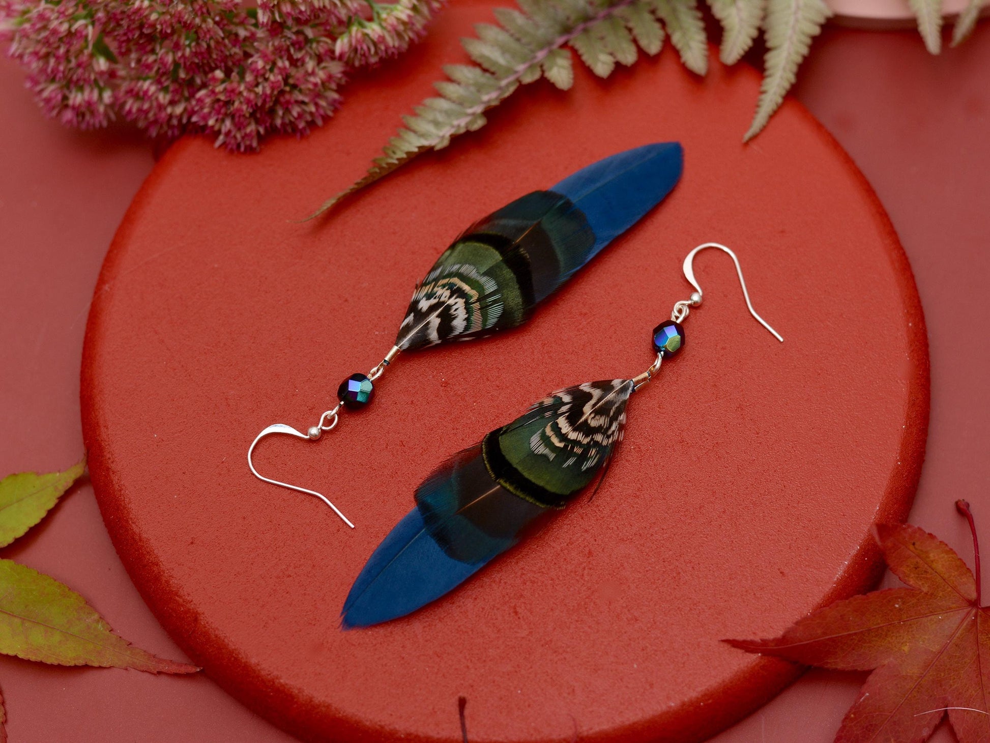 Feather Earrings in Navy Blue and Green with Aurora Crystal Bead | Feather Jewellery | Drop Earrings