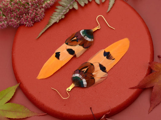 Mustard Yellow and Copper Pheasant Feather Earrings | Yellow Earrings | Festival Earrings | Feather Jewellery | Festival Jewellery