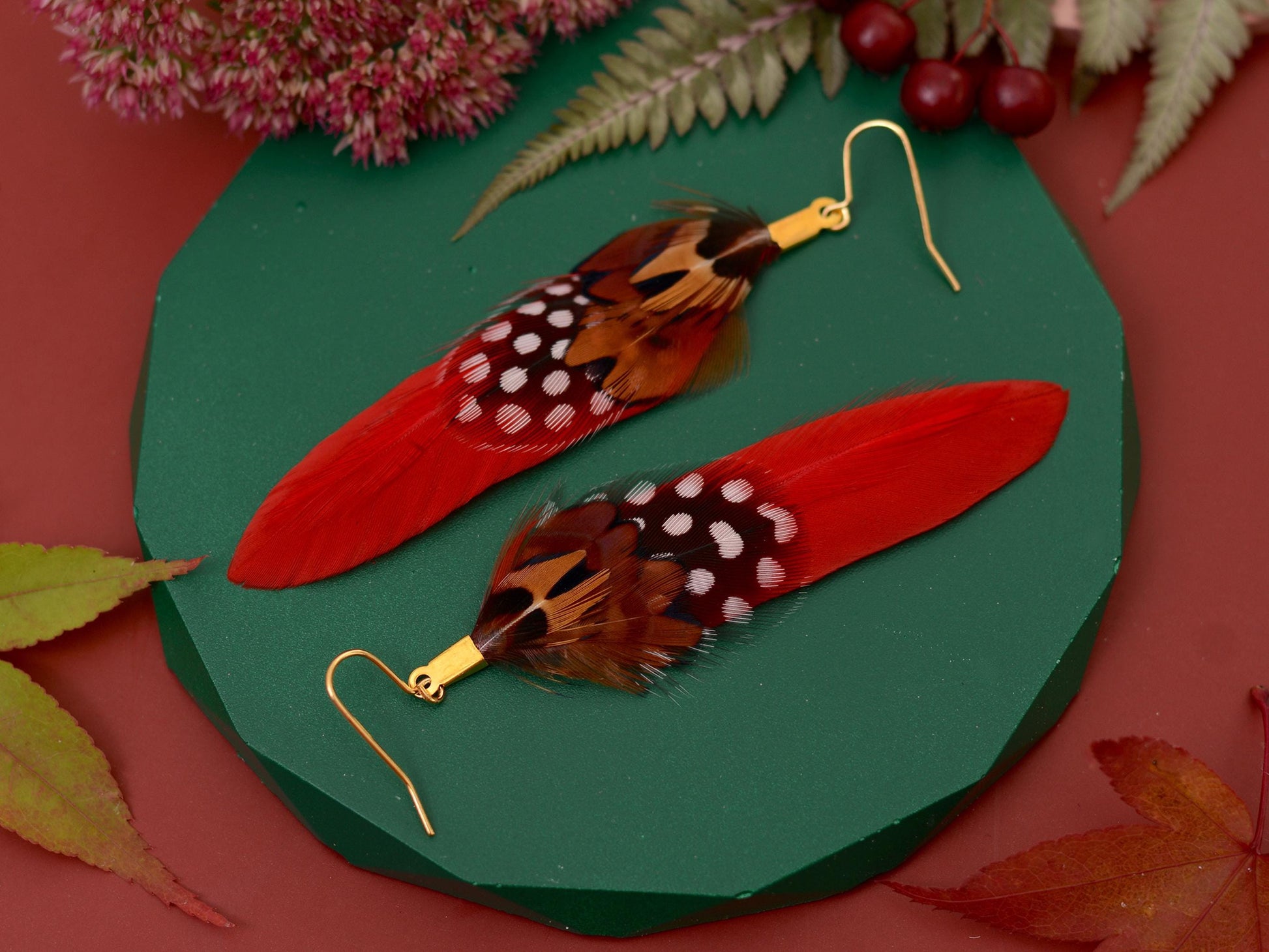 Red Pheasant Feather Earrings | Festival Earrings | Feather Jewellery | Festival Jewellery | Drop Earrings