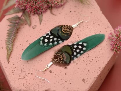 Green Feather Earrings | Pheasant Feather Earrings | Festival Earrings | Feather Jewellery | Festival Jewellery | Drop Earrings