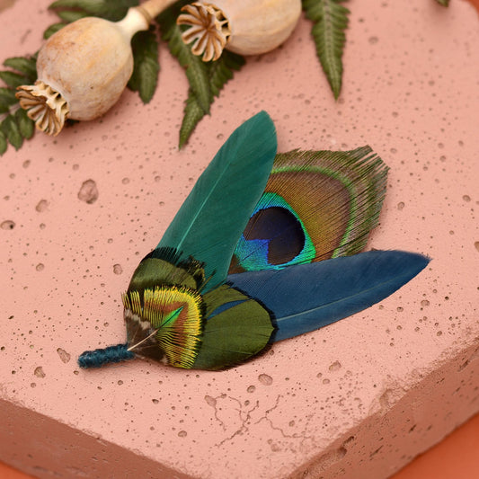Teal, Green and Navy Peacock Feather Boutonniere | Peacock Feather Hat Pin / Brooch | Wedding Corsage