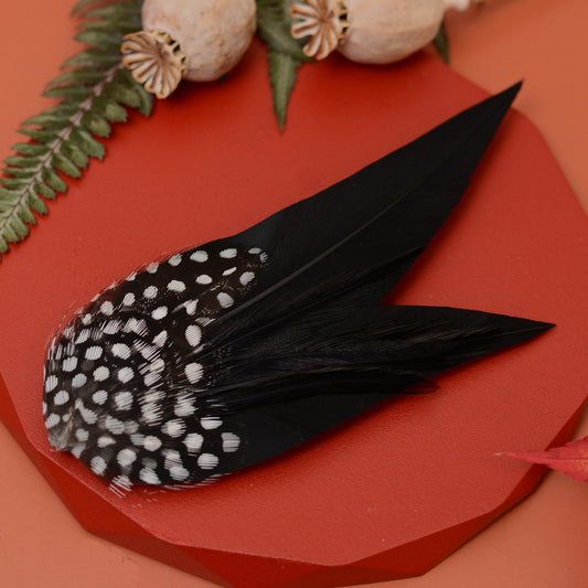 Black Monochrome Feather Lapel Pin with Spotted Guinea Fowl Feathers | Feather Boutonniere | Feather Brooch | Feather Hat Pin