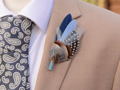 Navy and Pastel Blue Feather Pin | Feather Boutonniere / Hat Pin | Duck Feather Brooch
