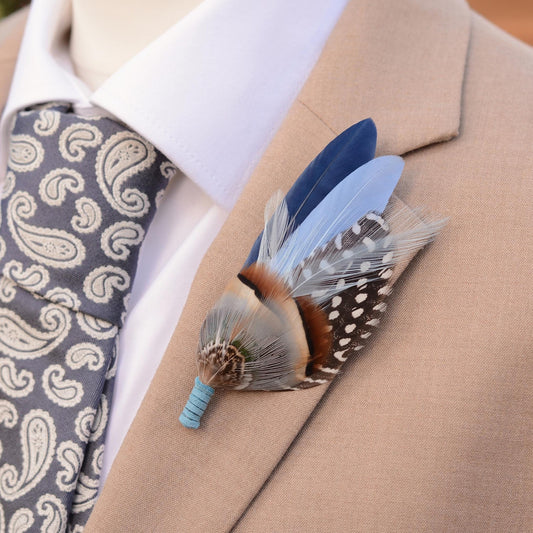 Navy and Pastel Blue Feather Pin | Feather Boutonniere / Hat Pin | Duck Feather Brooch