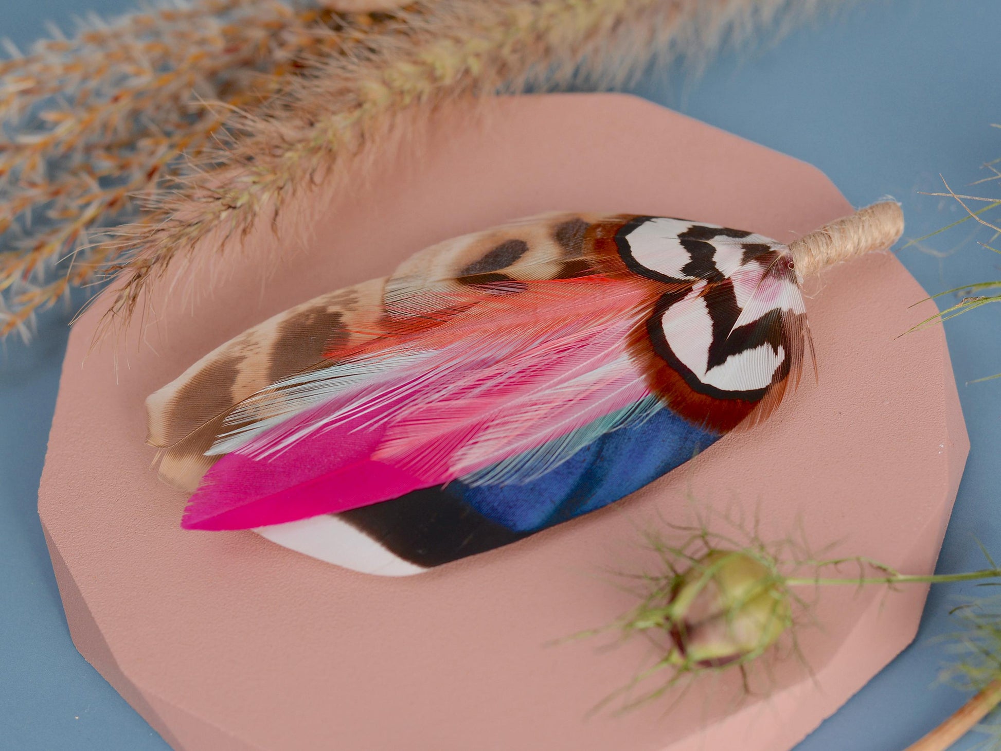 Blue Duck and Pheasant Feather Lapel Pin with a Flash of Pink | Pheasant Feather Boutonniere | Feather Brooch | Feather Hat Pin