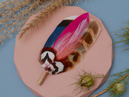 Blue Duck and Pheasant Feather Lapel Pin with a Flash of Pink | Pheasant Feather Boutonniere | Feather Brooch | Feather Hat Pin