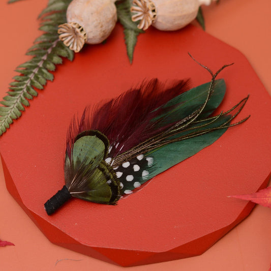 Shades of Green and Plum Feather Lapel Pin | Duck Feather Boutonniere | Pheasant Feather Brooch | Feather Hat Pin